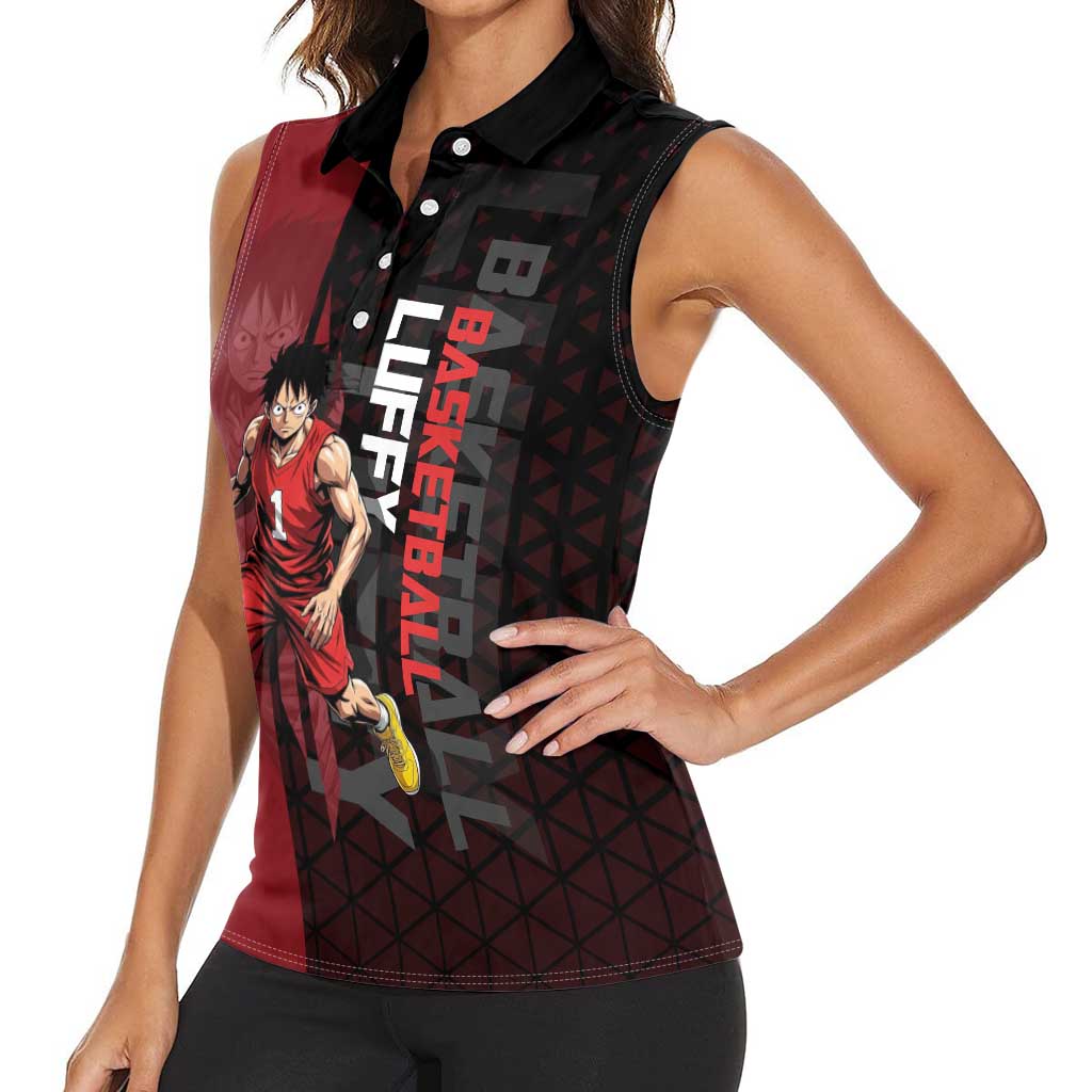 Luffy One Piece Basketball Theme Red and Black Design Women Sleeveless Polo Shirt with Straw Hat Pirate Logo and Sports Pose - The Mazicc