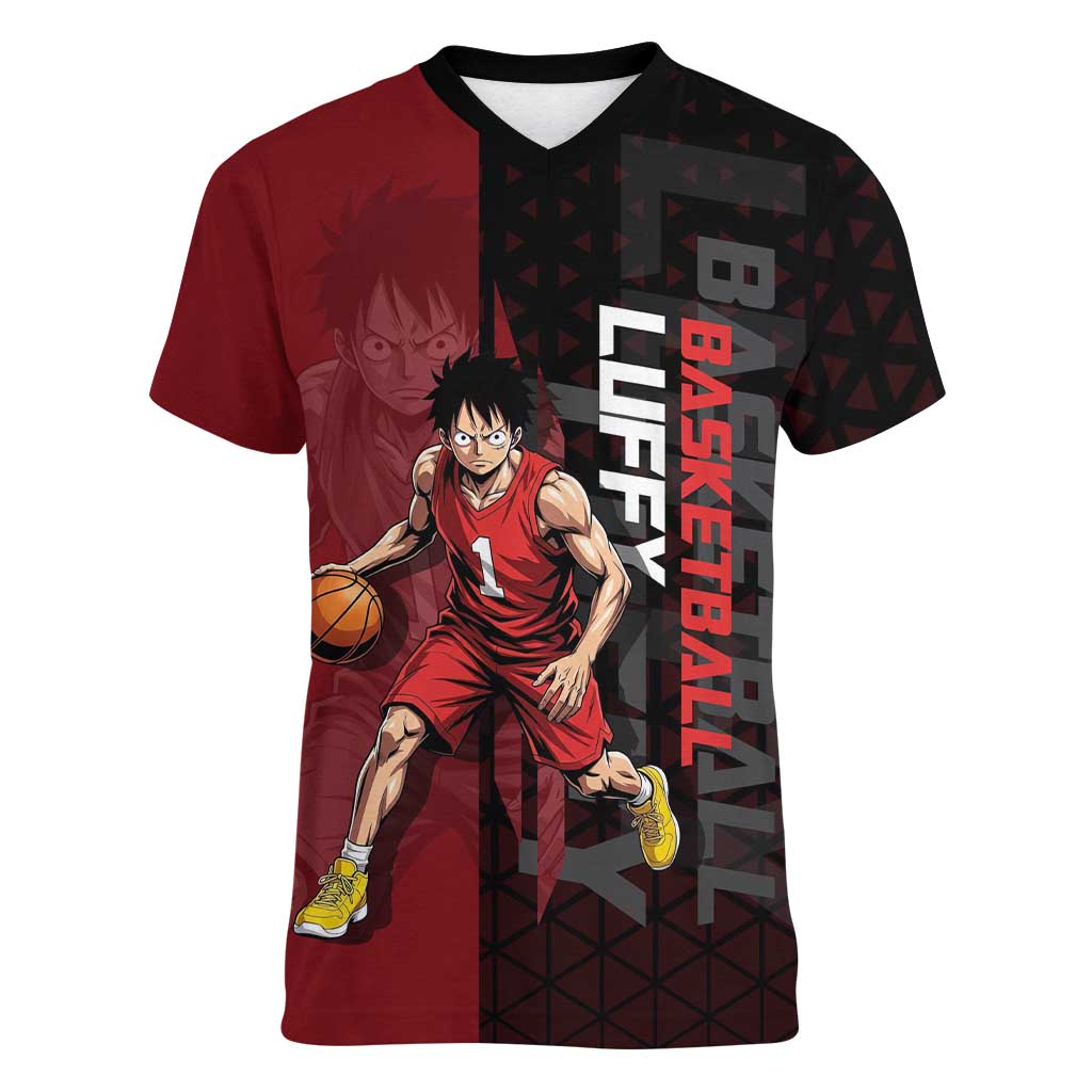 Luffy One Piece Basketball Theme Red and Black Design Women V-Neck T-Shirt with Straw Hat Pirate Logo and Sports Pose - The Mazicc