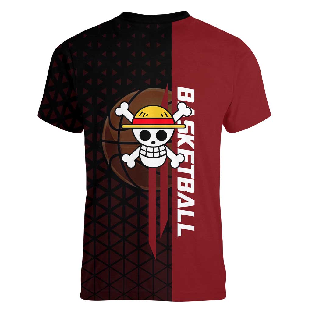 Luffy One Piece Basketball Theme Red and Black Design Women V-Neck T-Shirt with Straw Hat Pirate Logo and Sports Pose - The Mazicc