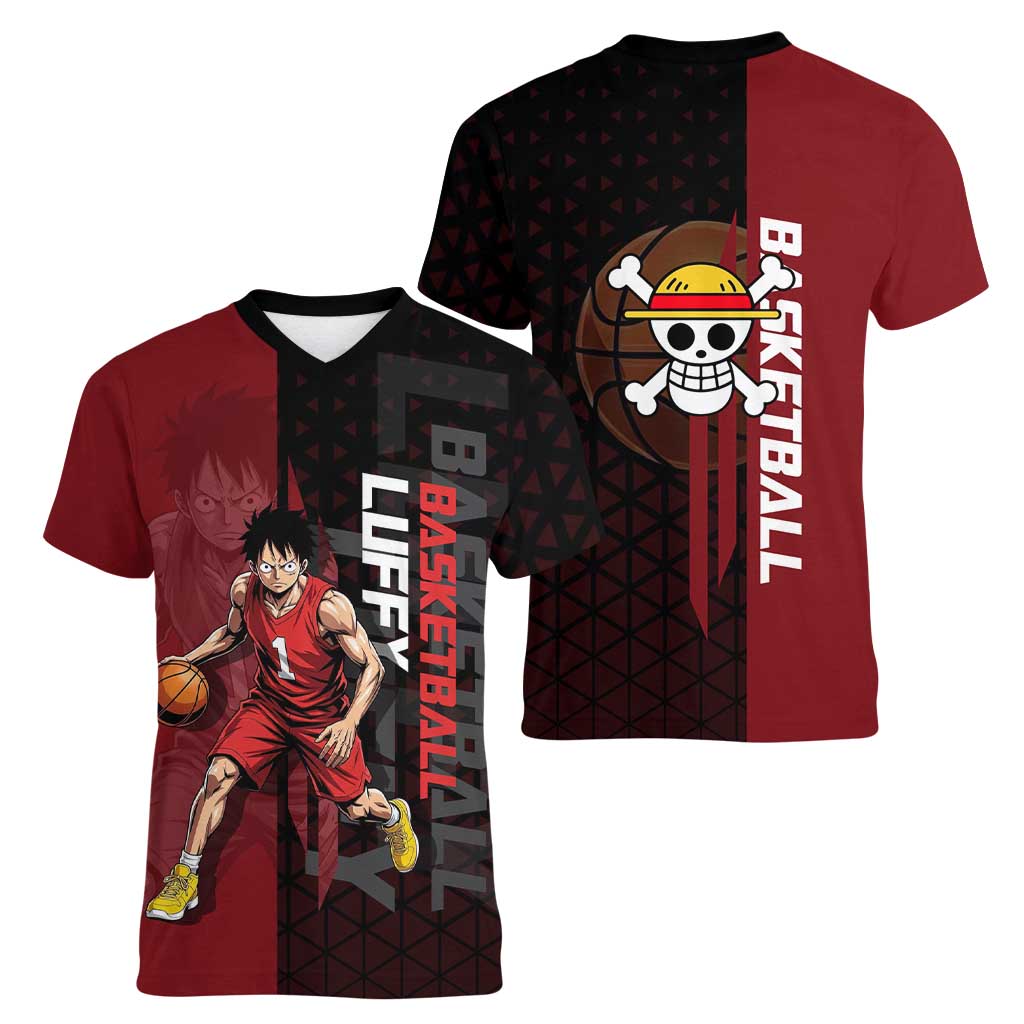 Luffy One Piece Basketball Theme Red and Black Design Women V-Neck T-Shirt with Straw Hat Pirate Logo and Sports Pose - The Mazicc