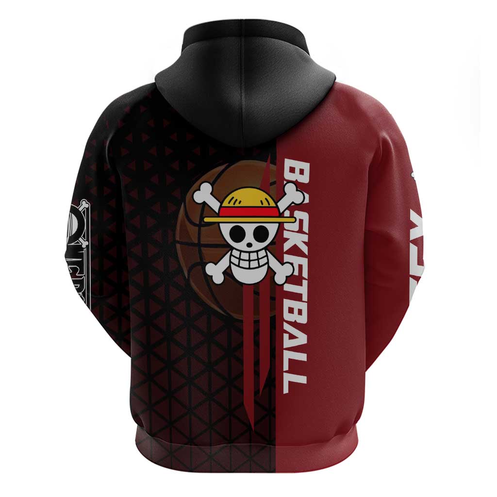 Luffy One Piece Basketball Theme Red and Black Design Zip Hoodie with Straw Hat Pirate Logo and Sports Pose - The Mazicc