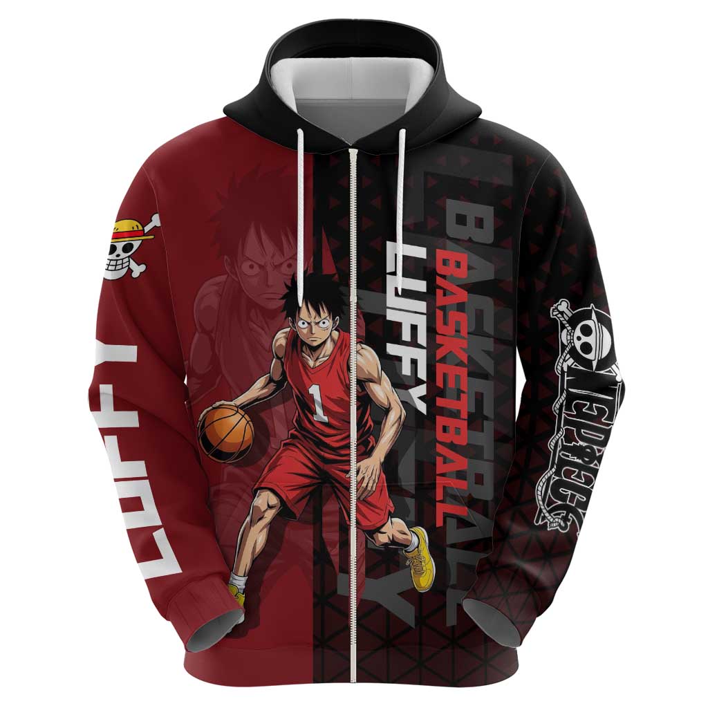 Luffy One Piece Basketball Theme Red and Black Design Zip Hoodie with Straw Hat Pirate Logo and Sports Pose - The Mazicc