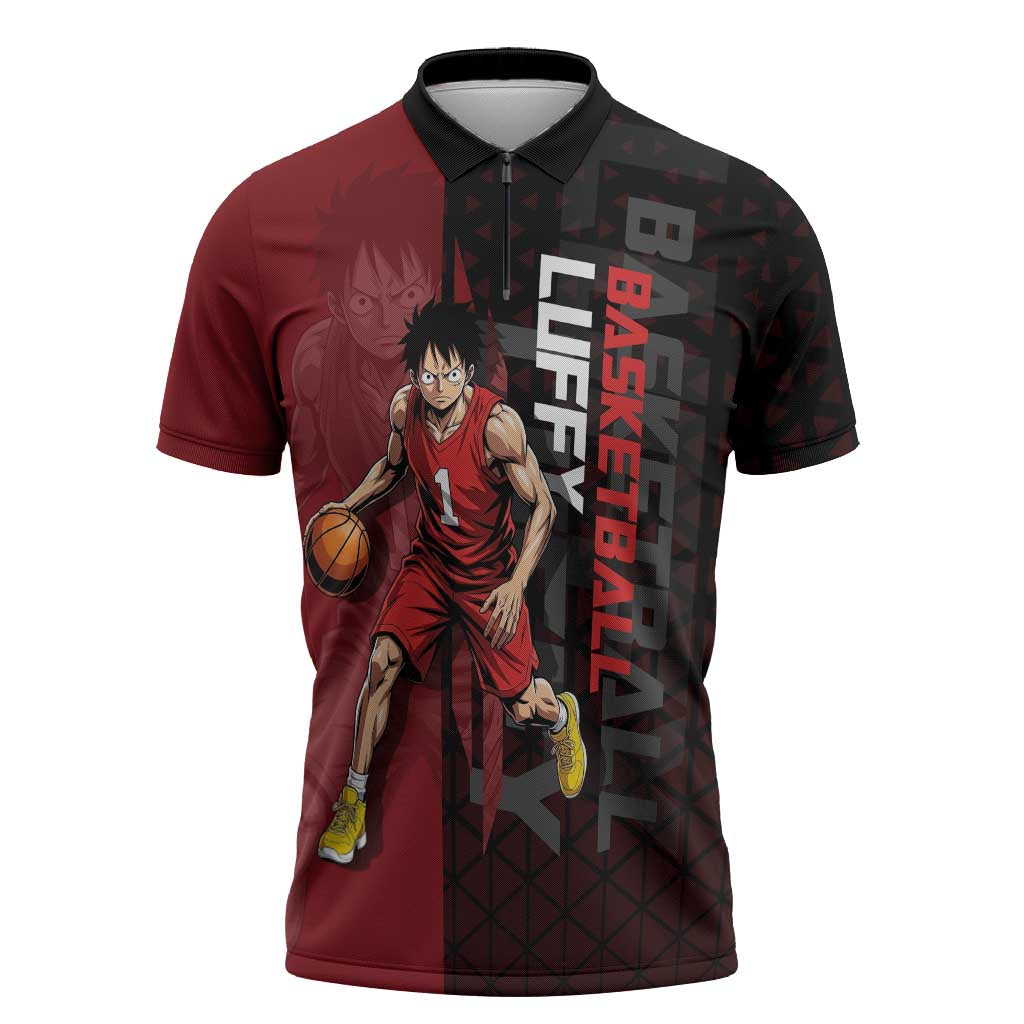 Luffy One Piece Basketball Theme Red and Black Design Zipper Polo Shirt with Straw Hat Pirate Logo and Sports Pose - The Mazicc