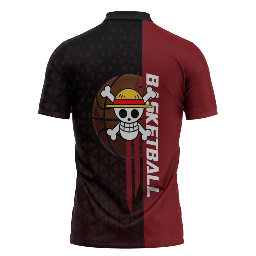 Luffy One Piece Basketball Theme Red and Black Design Zipper Polo Shirt with Straw Hat Pirate Logo and Sports Pose - The Mazicc