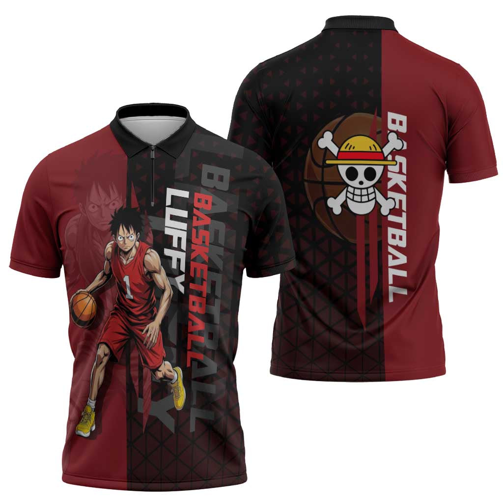 Luffy One Piece Basketball Theme Red and Black Design Zipper Polo Shirt with Straw Hat Pirate Logo and Sports Pose - The Mazicc