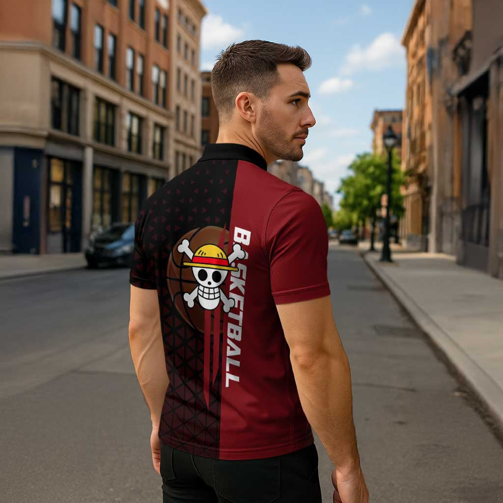 Luffy One Piece Basketball Theme Red and Black Design Zipper Polo Shirt with Straw Hat Pirate Logo and Sports Pose - The Mazicc