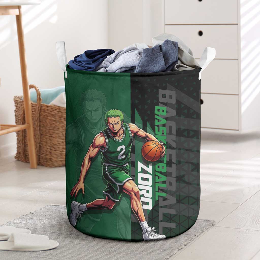 Zoro One Piece Basketball Theme Green and Black Design Laundry Basket with Swordsman Logo and Action Dribble Pose - The Mazicc