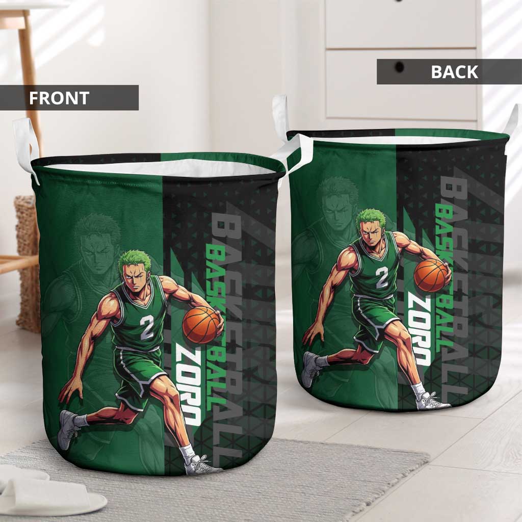Zoro One Piece Basketball Theme Green and Black Design Laundry Basket with Swordsman Logo and Action Dribble Pose - The Mazicc