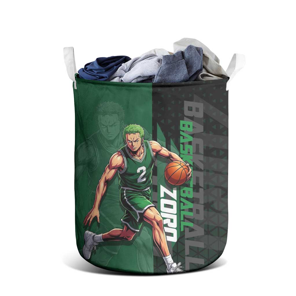 Zoro One Piece Basketball Theme Green and Black Design Laundry Basket with Swordsman Logo and Action Dribble Pose - The Mazicc