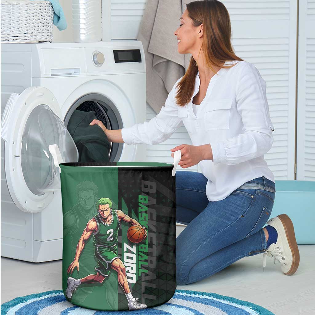 Zoro One Piece Basketball Theme Green and Black Design Laundry Basket with Swordsman Logo and Action Dribble Pose - The Mazicc