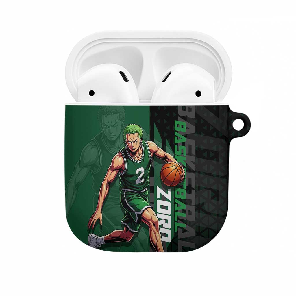 Zoro One Piece Basketball Theme Green and Black Design AirPods Case with Swordsman Logo and Action Dribble Pose - The Mazicc