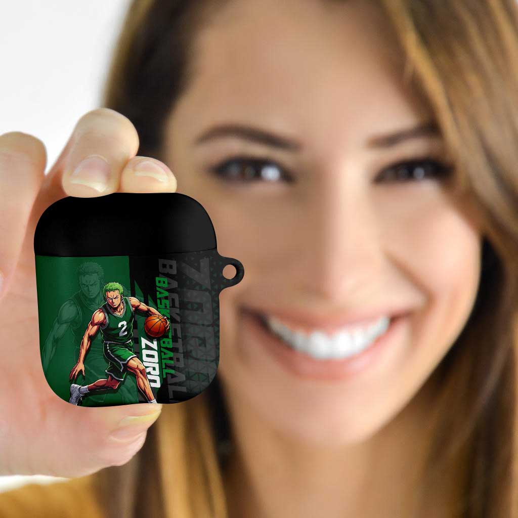 Zoro One Piece Basketball Theme Green and Black Design AirPods Case with Swordsman Logo and Action Dribble Pose - The Mazicc