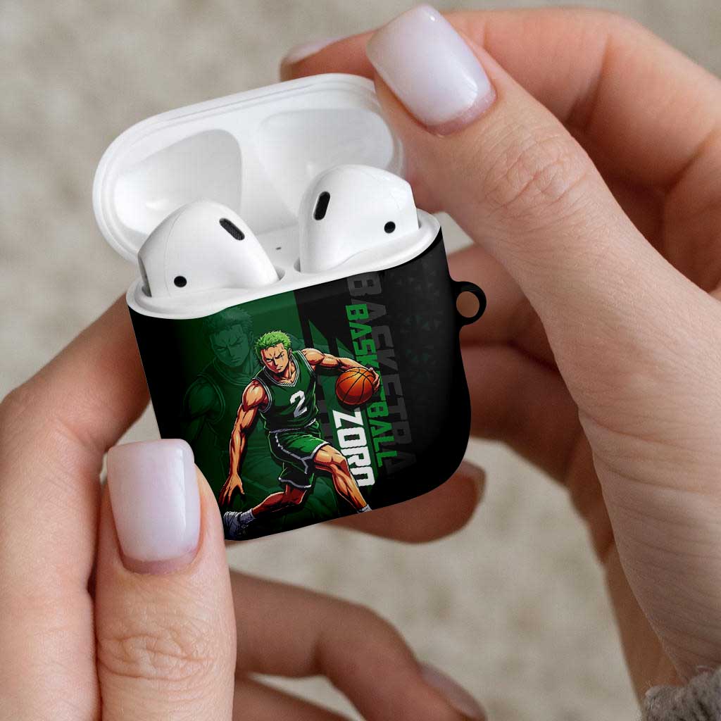 Zoro One Piece Basketball Theme Green and Black Design AirPods Case with Swordsman Logo and Action Dribble Pose - The Mazicc