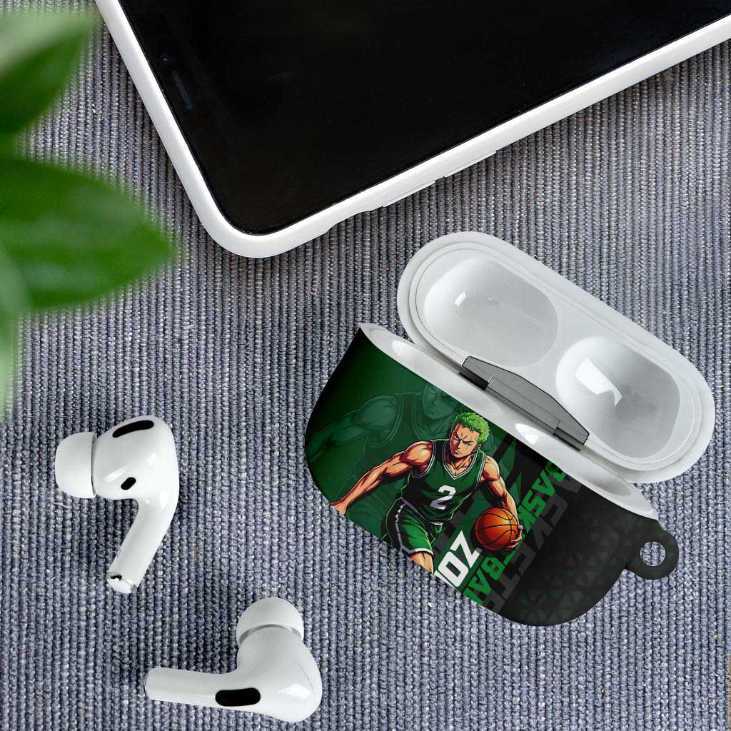 Zoro One Piece Basketball Theme Green and Black Design AirPods Case with Swordsman Logo and Action Dribble Pose - The Mazicc
