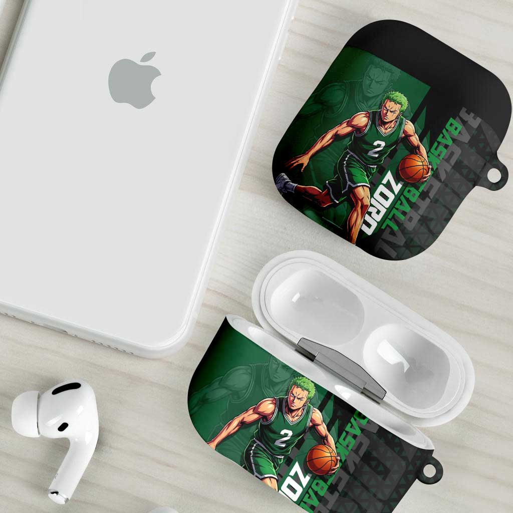 Zoro One Piece Basketball Theme Green and Black Design AirPods Case with Swordsman Logo and Action Dribble Pose - The Mazicc