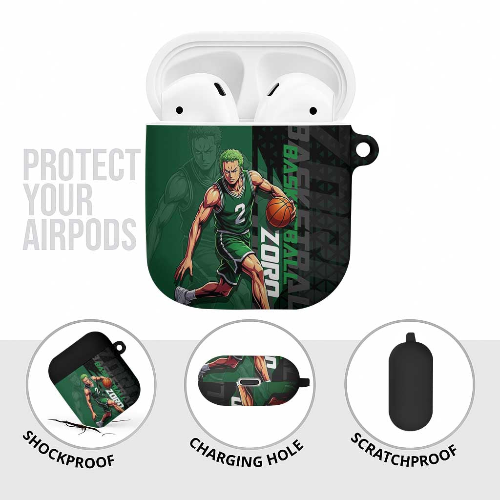 Zoro One Piece Basketball Theme Green and Black Design AirPods Case with Swordsman Logo and Action Dribble Pose - The Mazicc