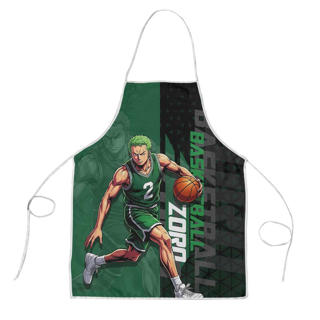 Zoro One Piece Basketball Theme Green and Black Design Apron with Swordsman Logo and Action Dribble Pose - The Mazicc