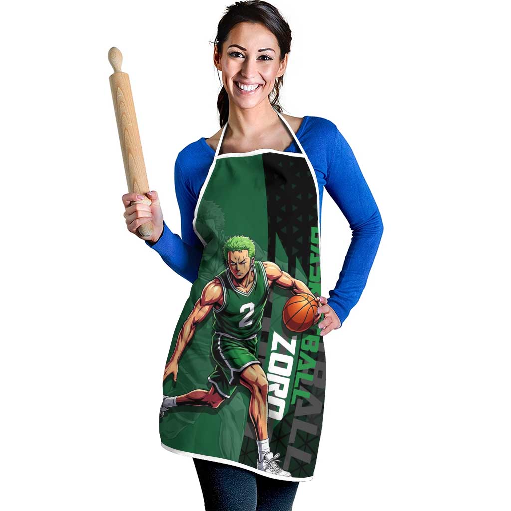 Zoro One Piece Basketball Theme Green and Black Design Apron with Swordsman Logo and Action Dribble Pose - The Mazicc