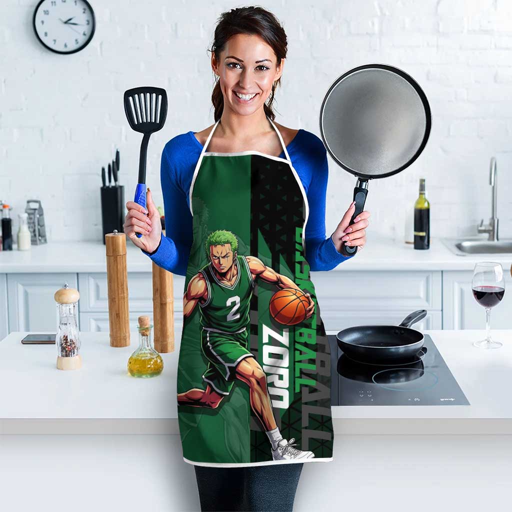 Zoro One Piece Basketball Theme Green and Black Design Apron with Swordsman Logo and Action Dribble Pose - The Mazicc
