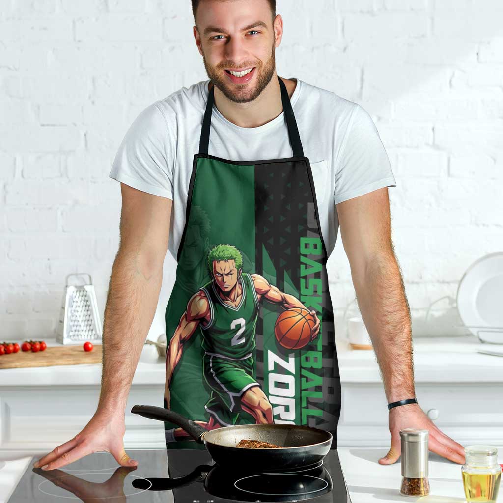 Zoro One Piece Basketball Theme Green and Black Design Apron with Swordsman Logo and Action Dribble Pose - The Mazicc