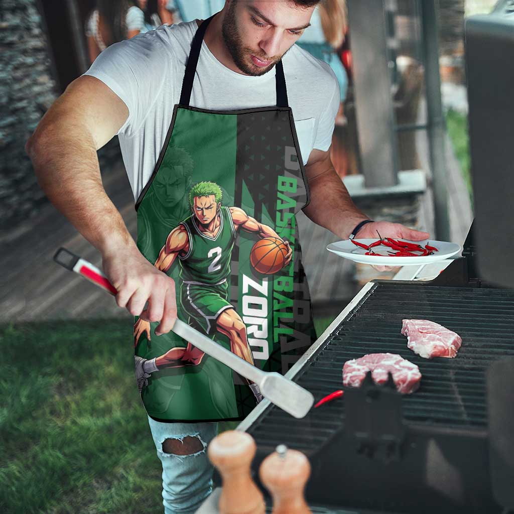 Zoro One Piece Basketball Theme Green and Black Design Apron with Swordsman Logo and Action Dribble Pose - The Mazicc