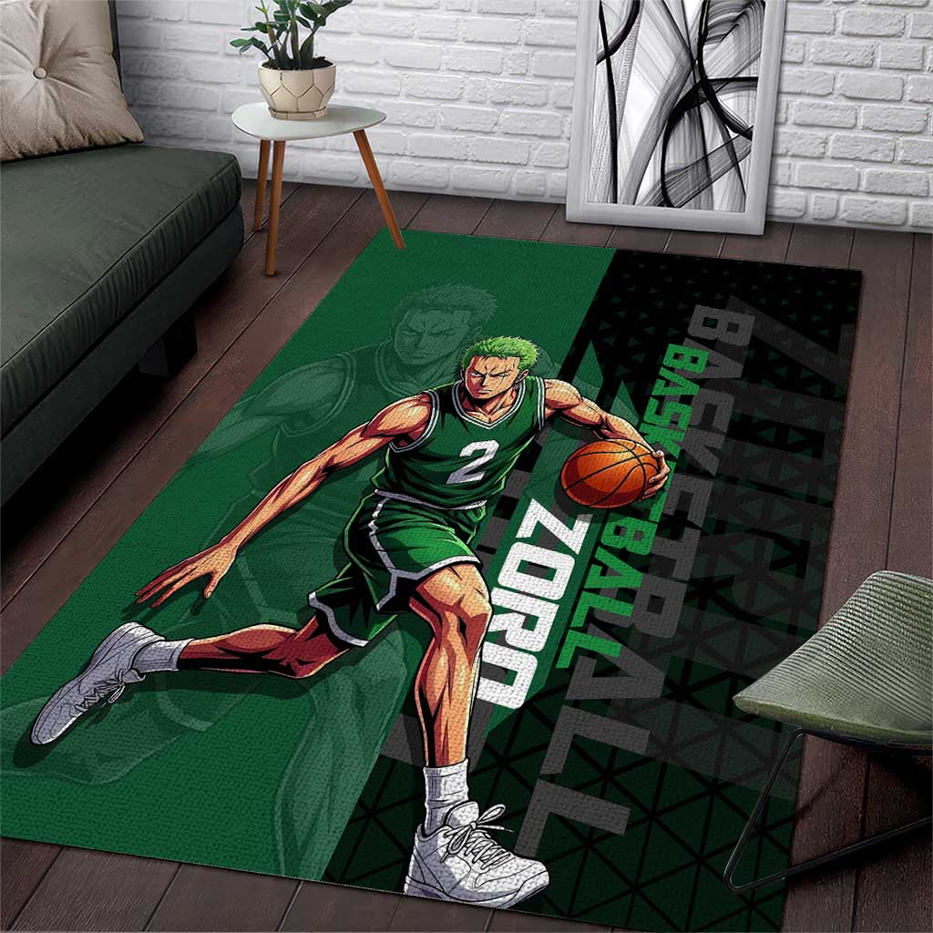 Zoro One Piece Basketball Theme Green and Black Design Area Rug with Swordsman Logo and Action Dribble Pose - The Mazicc