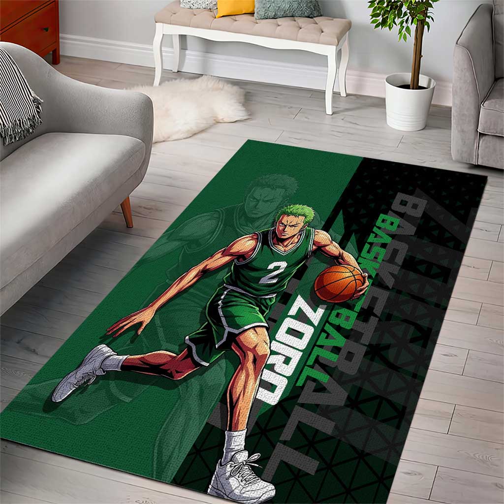 Zoro One Piece Basketball Theme Green and Black Design Area Rug with Swordsman Logo and Action Dribble Pose - The Mazicc