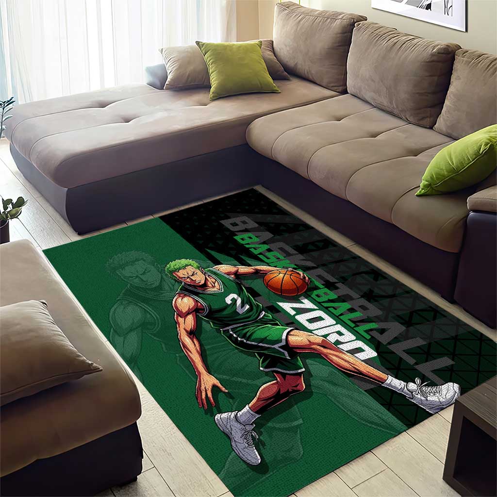 Zoro One Piece Basketball Theme Green and Black Design Area Rug with Swordsman Logo and Action Dribble Pose - The Mazicc