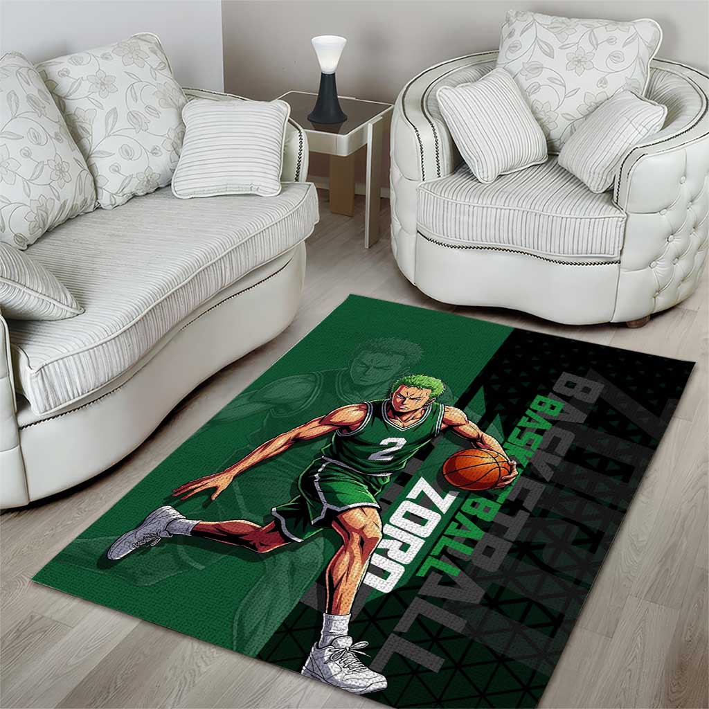 Zoro One Piece Basketball Theme Green and Black Design Area Rug with Swordsman Logo and Action Dribble Pose - The Mazicc
