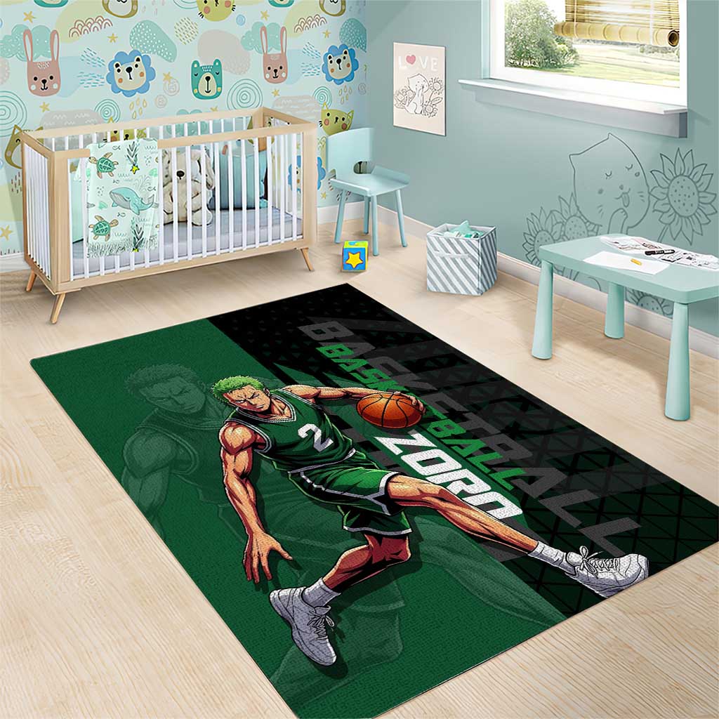 Zoro One Piece Basketball Theme Green and Black Design Area Rug with Swordsman Logo and Action Dribble Pose - The Mazicc