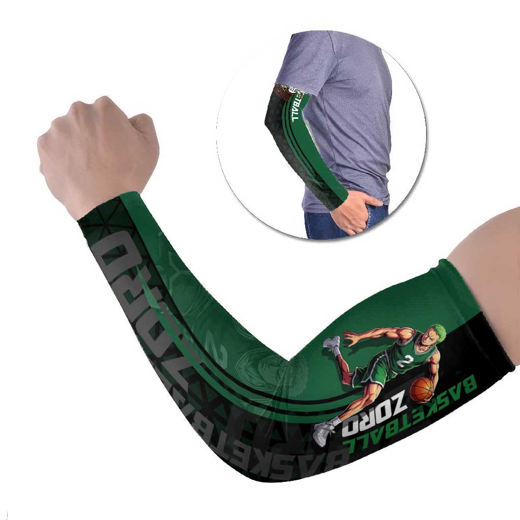 Zoro One Piece Basketball Theme Green and Black Design Arm Sleeves with Swordsman Logo and Action Dribble Pose - The Mazicc