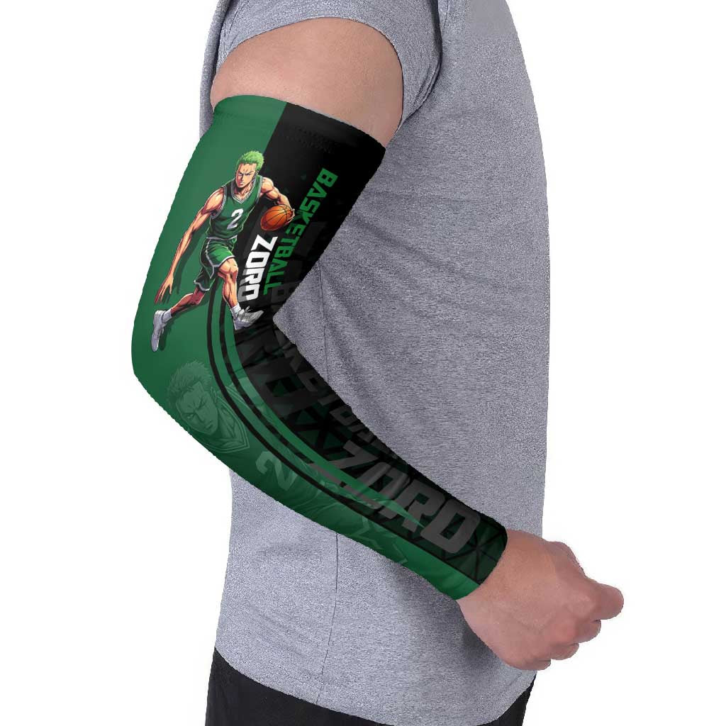 Zoro One Piece Basketball Theme Green and Black Design Arm Sleeves with Swordsman Logo and Action Dribble Pose - The Mazicc