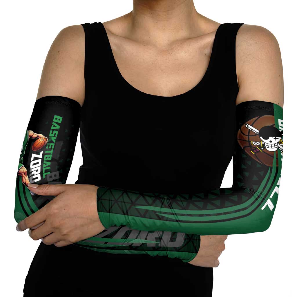 Zoro One Piece Basketball Theme Green and Black Design Arm Sleeves with Swordsman Logo and Action Dribble Pose - The Mazicc