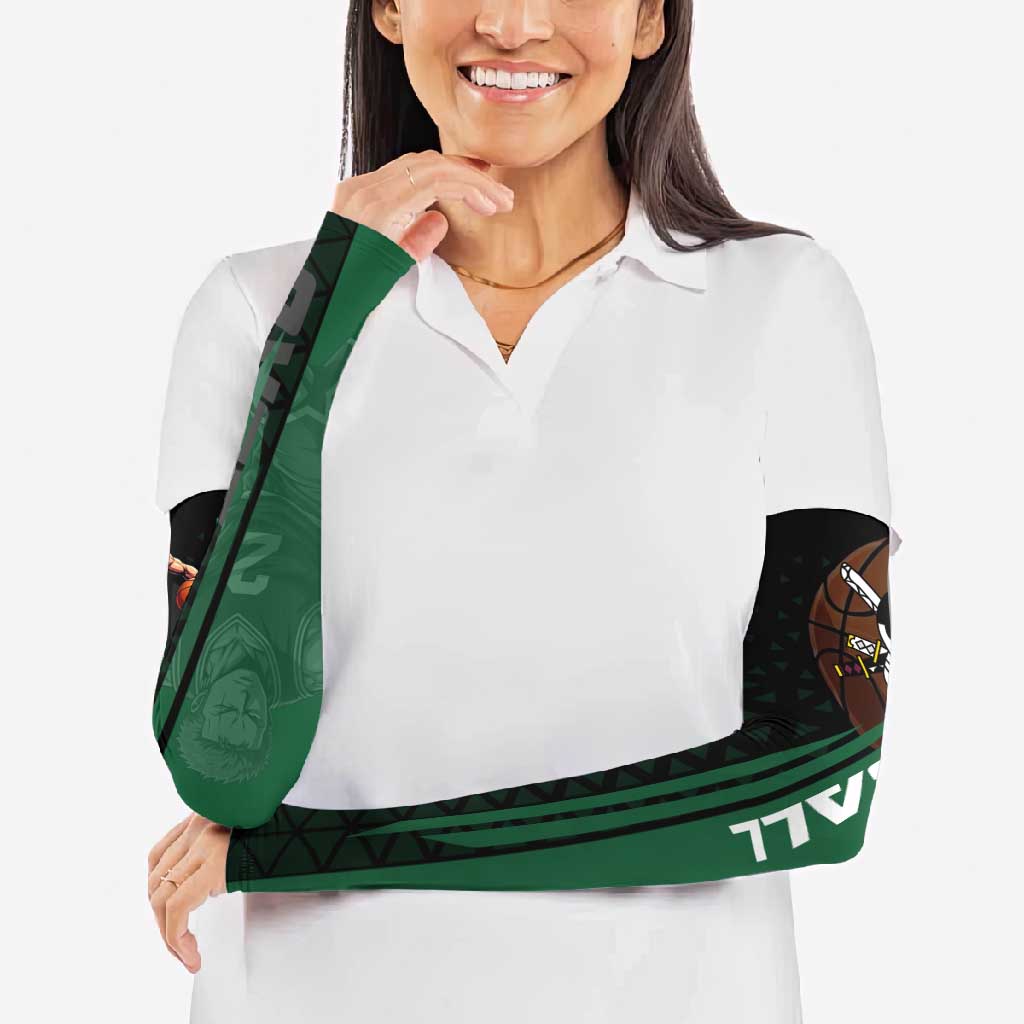 Zoro One Piece Basketball Theme Green and Black Design Arm Sleeves with Swordsman Logo and Action Dribble Pose - The Mazicc