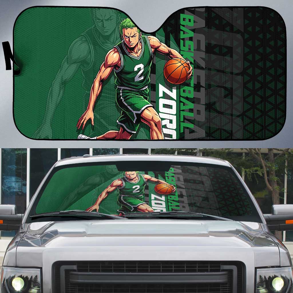Zoro One Piece Basketball Theme Green and Black Design Auto Sun Shade with Swordsman Logo and Action Dribble Pose - The Mazicc