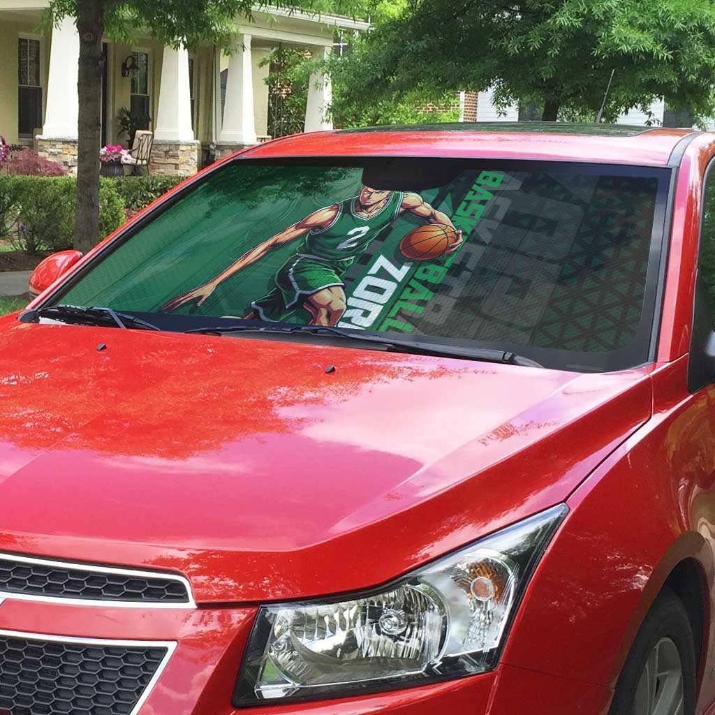 Zoro One Piece Basketball Theme Green and Black Design Auto Sun Shade with Swordsman Logo and Action Dribble Pose - The Mazicc