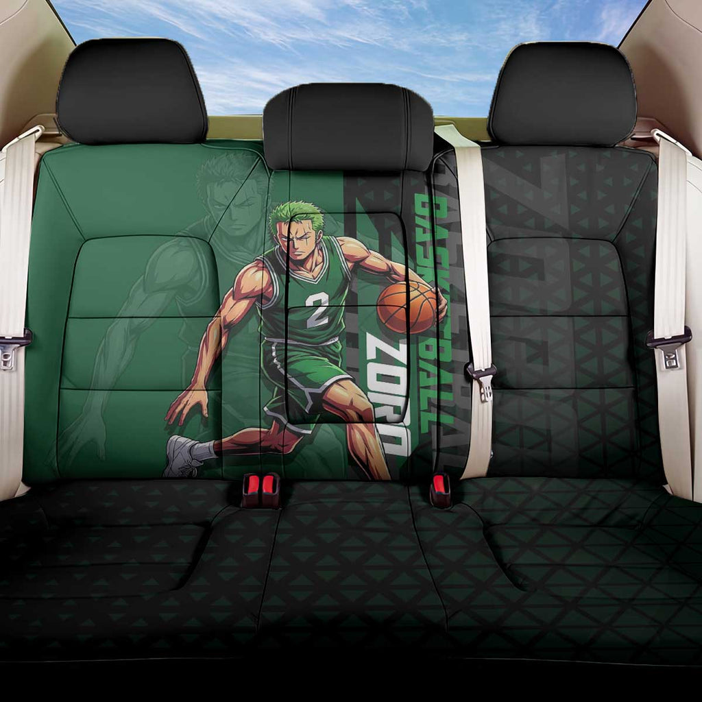 Zoro One Piece Basketball Theme Green and Black Design Back Car Seat Cover with Swordsman Logo and Action Dribble Pose - The Mazicc