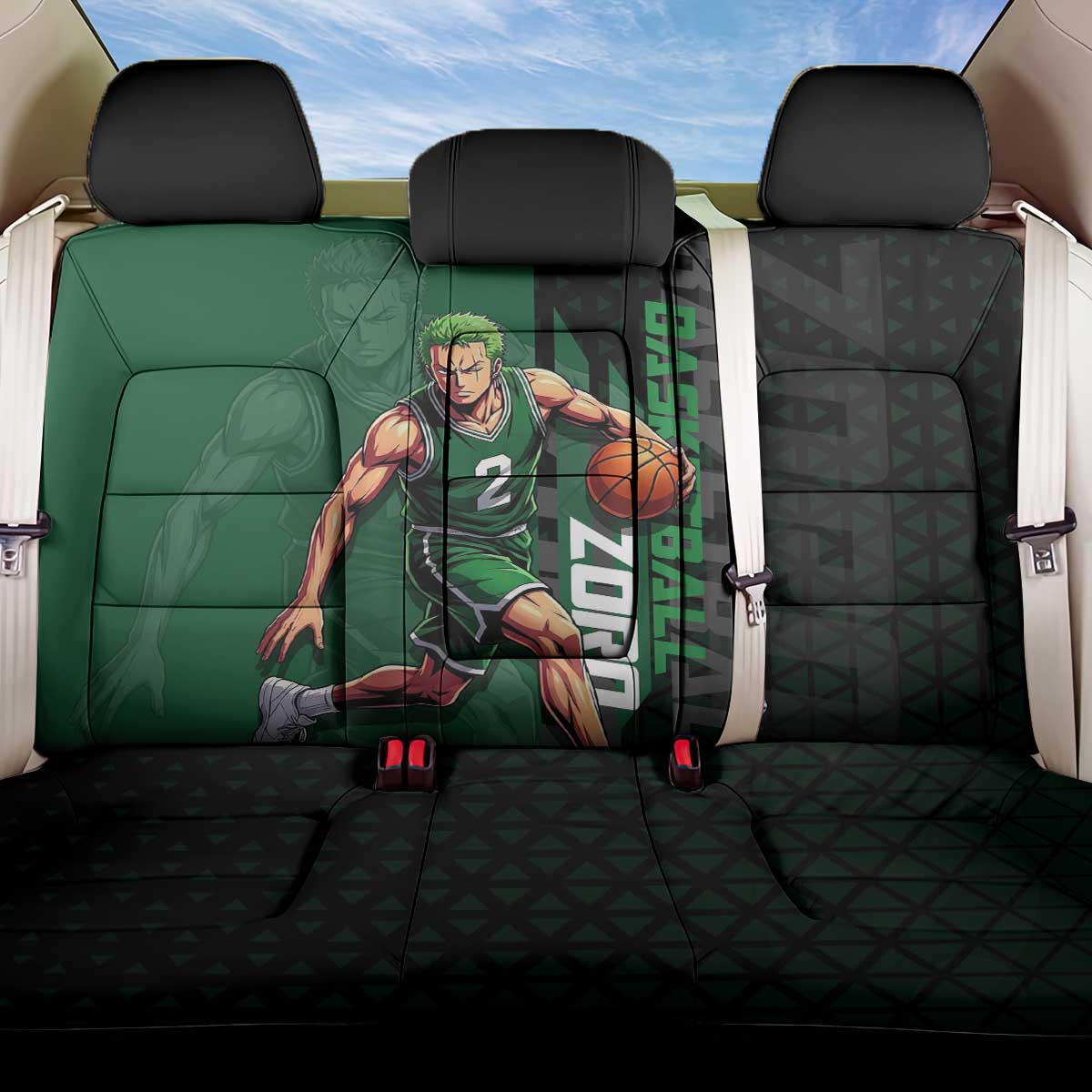 Zoro One Piece Basketball Theme Green and Black Design Back Car Seat Cover with Swordsman Logo and Action Dribble Pose - The Mazicc