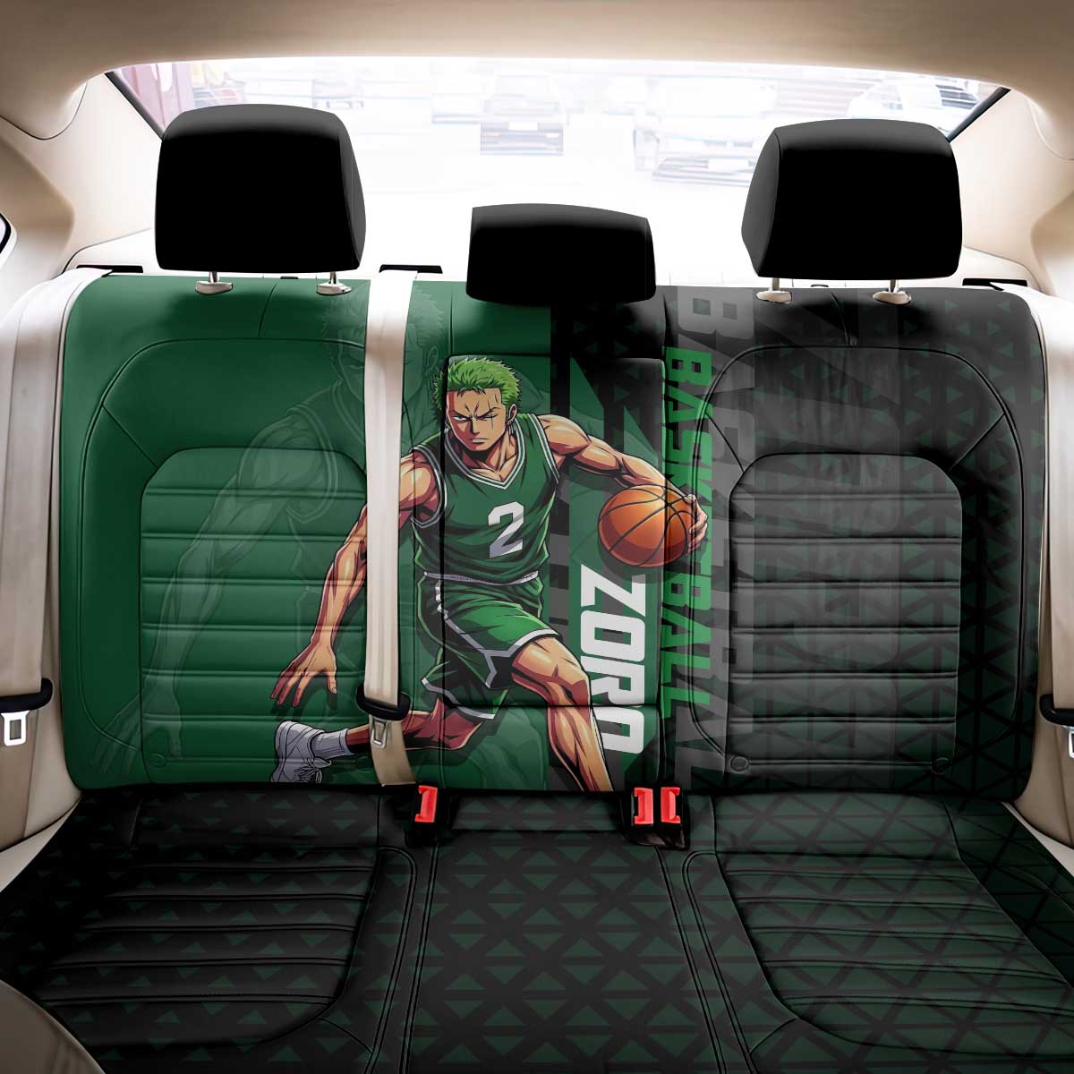 Zoro One Piece Basketball Theme Green and Black Design Back Car Seat Cover with Swordsman Logo and Action Dribble Pose - The Mazicc