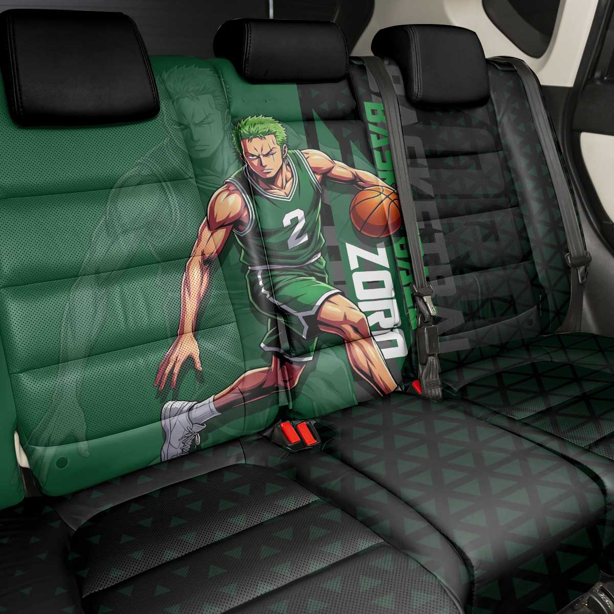 Zoro One Piece Basketball Theme Green and Black Design Back Car Seat Cover with Swordsman Logo and Action Dribble Pose - The Mazicc