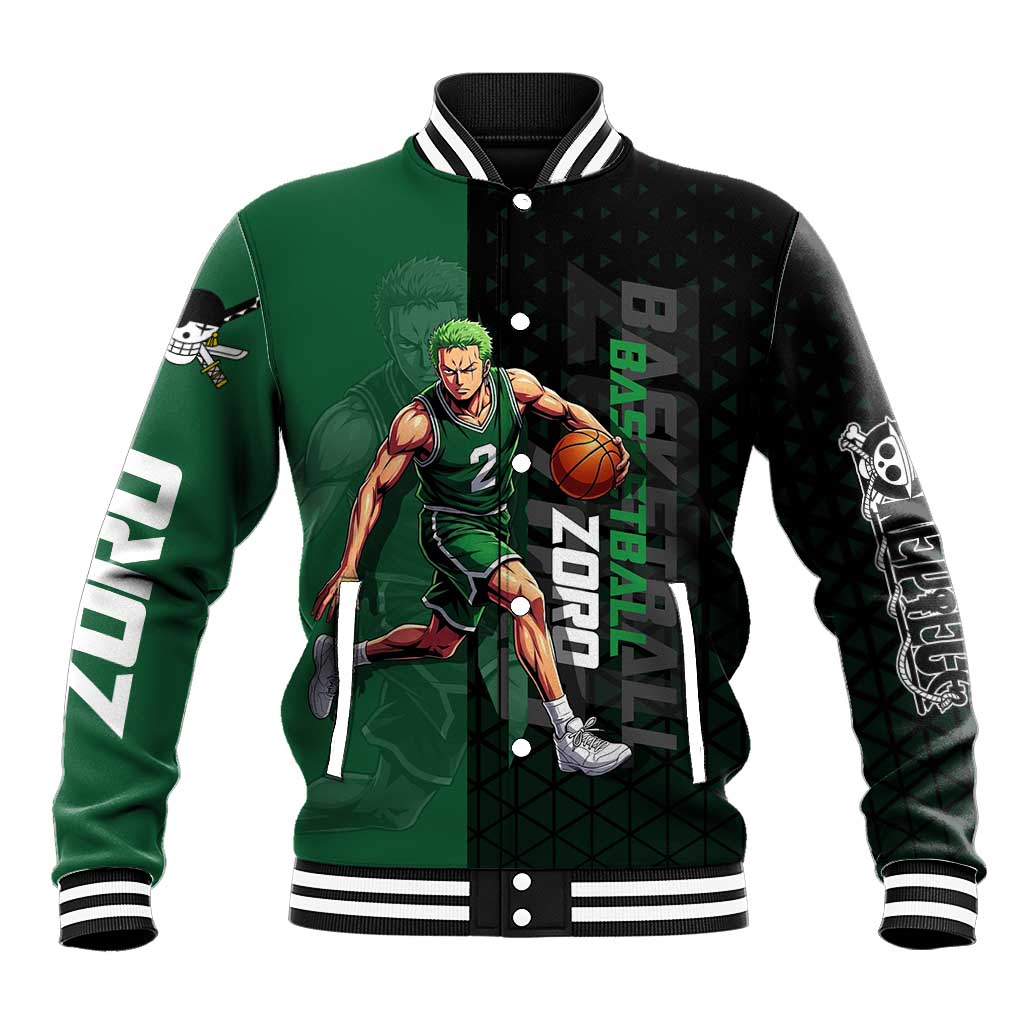 Zoro One Piece Basketball Theme Green and Black Design Baseball Jacket with Swordsman Logo and Action Dribble Pose - The Mazicc
