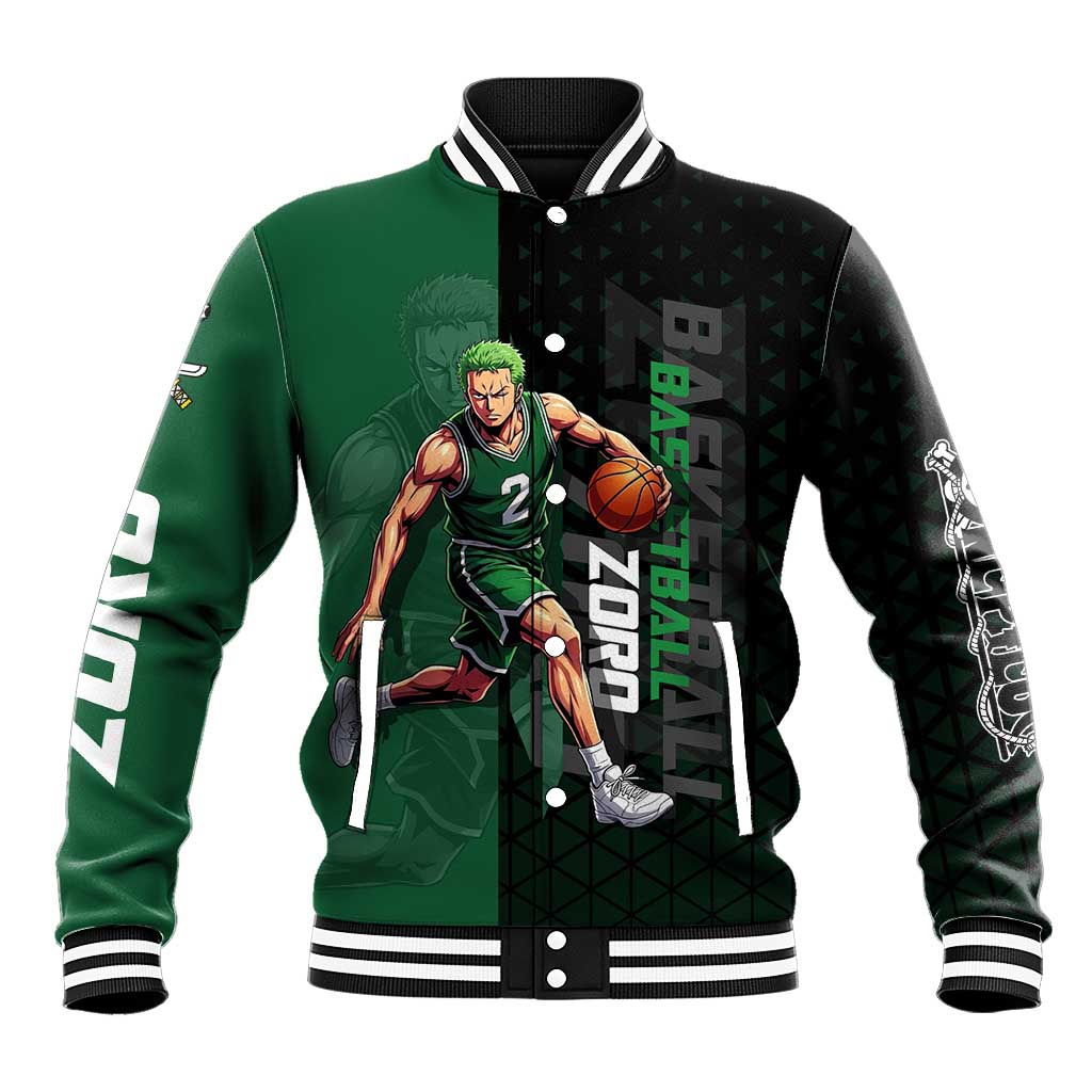Zoro One Piece Basketball Theme Green and Black Design Baseball Jacket with Swordsman Logo and Action Dribble Pose - The Mazicc