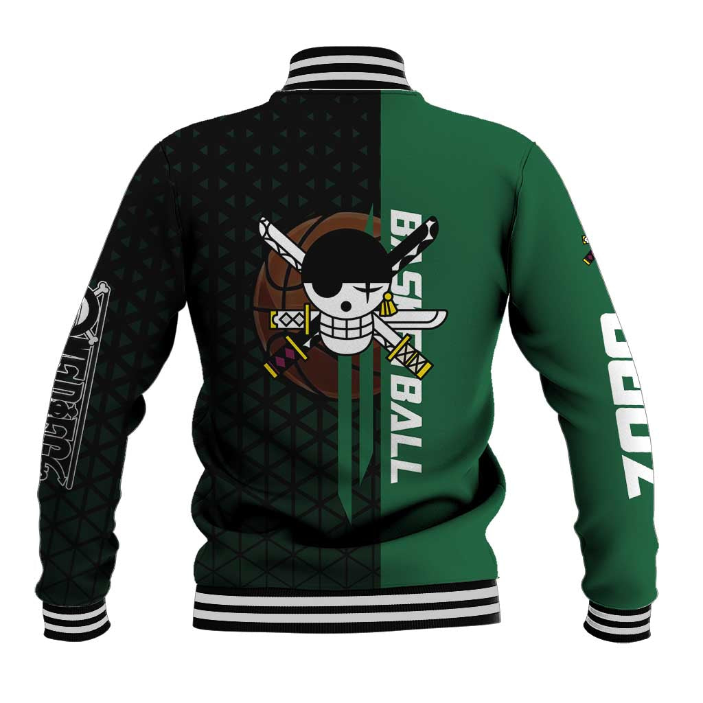 Zoro One Piece Basketball Theme Green and Black Design Baseball Jacket with Swordsman Logo and Action Dribble Pose - The Mazicc