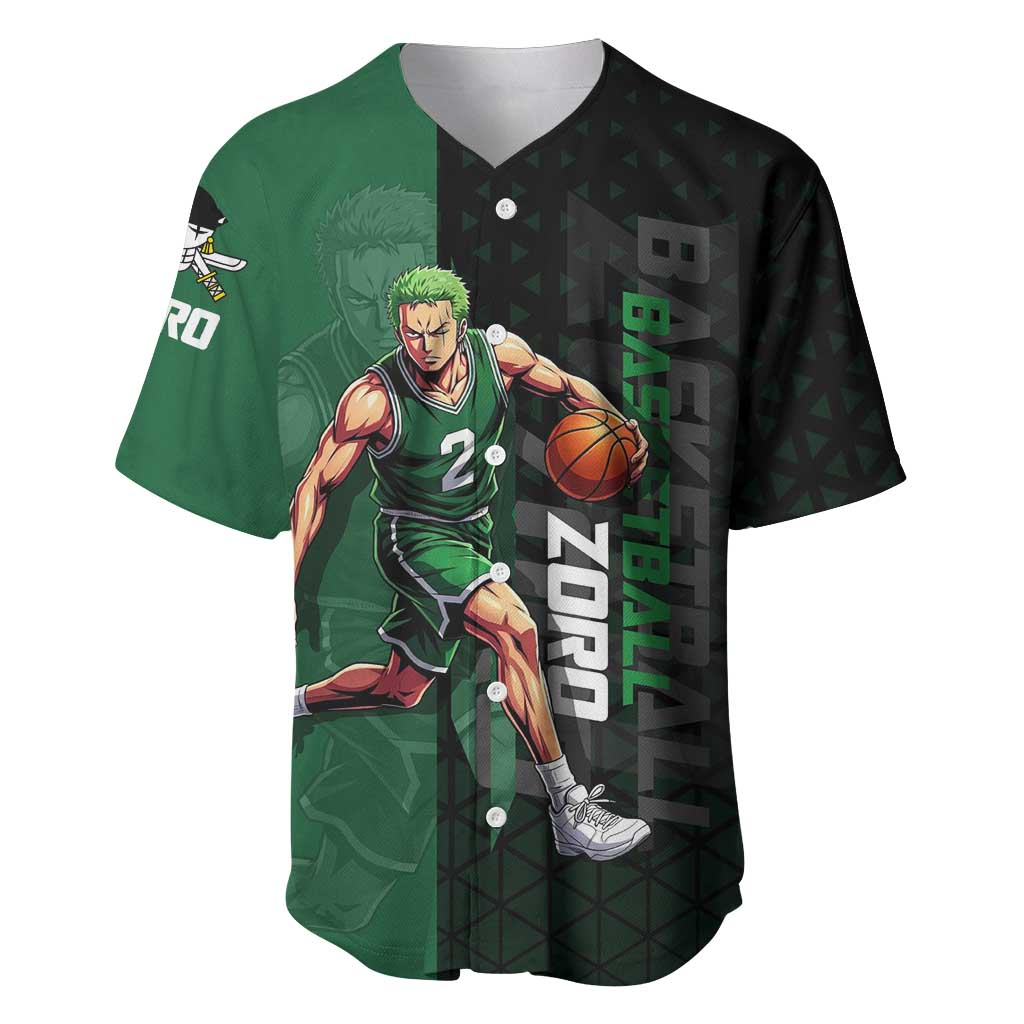 Zoro One Piece Basketball Theme Green and Black Design Baseball Jersey with Swordsman Logo and Action Dribble Pose - The Mazicc