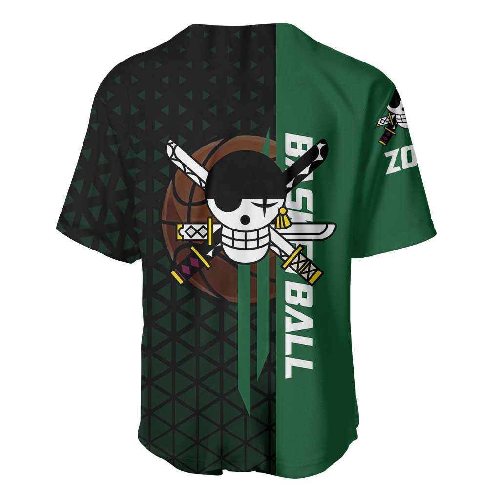 Zoro One Piece Basketball Theme Green and Black Design Baseball Jersey with Swordsman Logo and Action Dribble Pose - The Mazicc