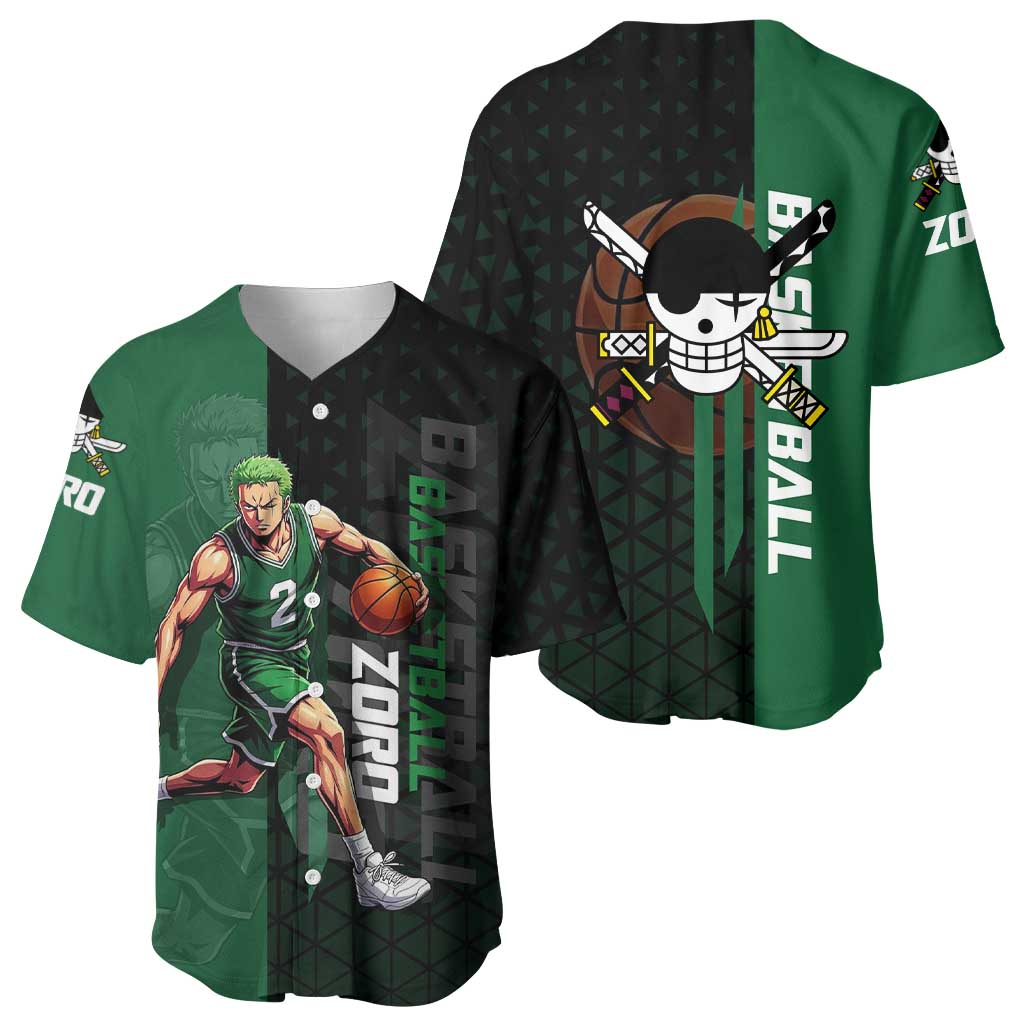 Zoro One Piece Basketball Theme Green and Black Design Baseball Jersey with Swordsman Logo and Action Dribble Pose - The Mazicc