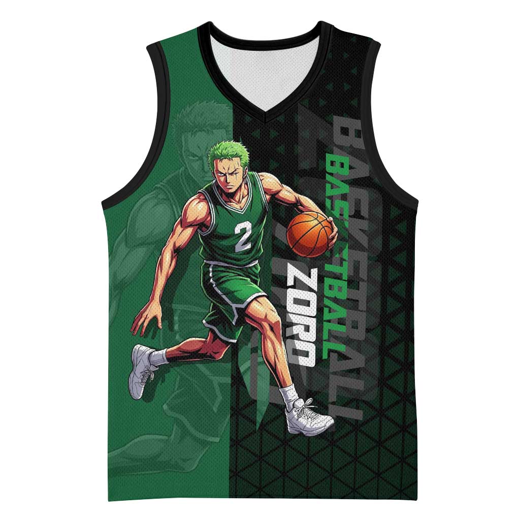 Zoro One Piece Basketball Theme Green and Black Design Basketball Jersey with Swordsman Logo and Action Dribble Pose - The Mazicc