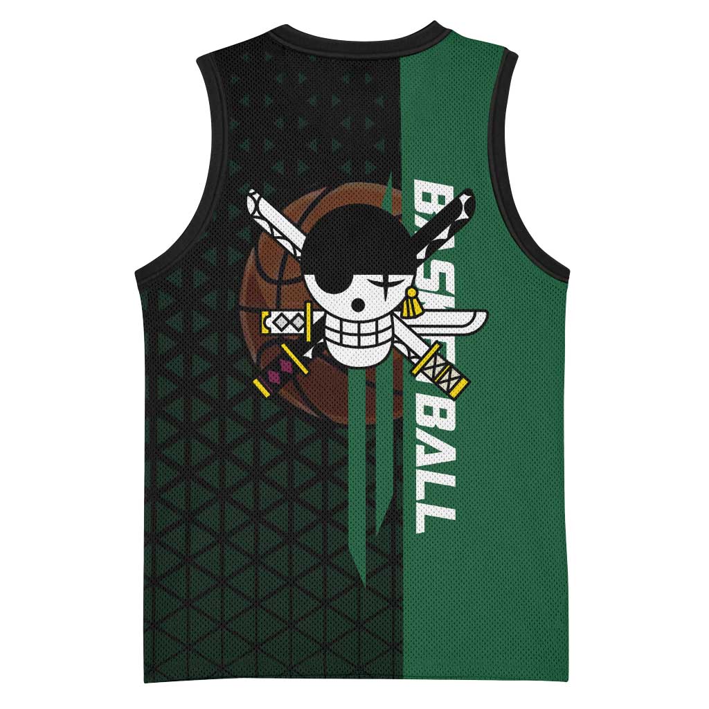 Zoro One Piece Basketball Theme Green and Black Design Basketball Jersey with Swordsman Logo and Action Dribble Pose - The Mazicc