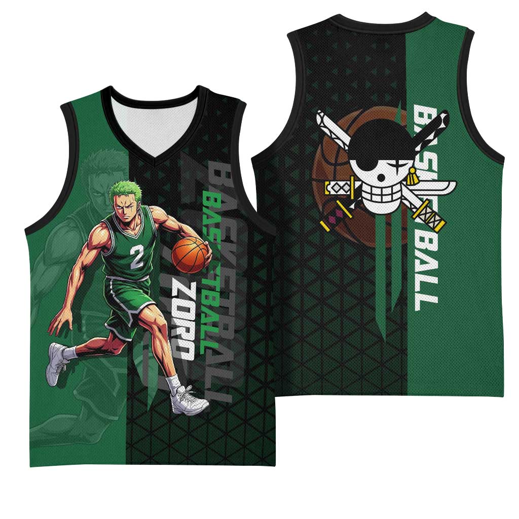 Zoro One Piece Basketball Theme Green and Black Design Basketball Jersey with Swordsman Logo and Action Dribble Pose - The Mazicc