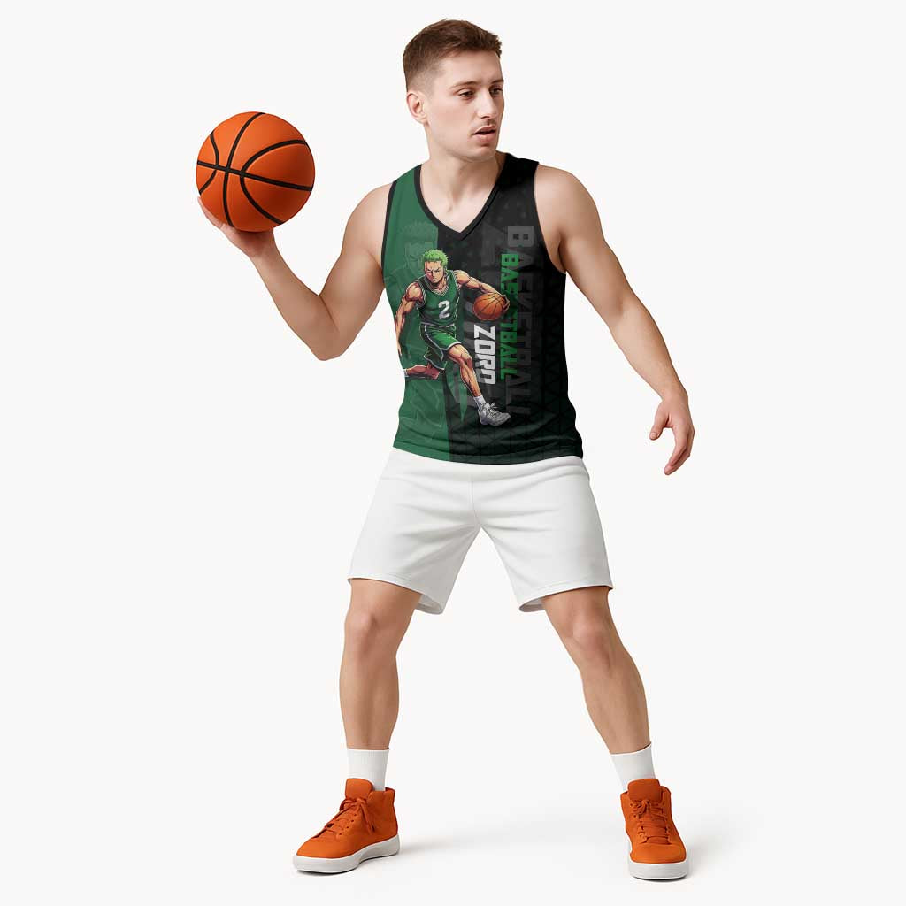 Zoro One Piece Basketball Theme Green and Black Design Basketball Jersey with Swordsman Logo and Action Dribble Pose - The Mazicc